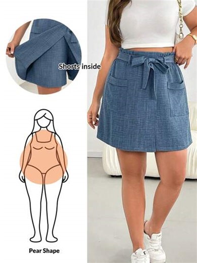 SHEIN Essnce Plus Size Women Spring And Summer Fashion Casual Loose Comfortable Daily Cool Light Fabric Elastic Waist Blue Shorts With Pockets,Skort,Vacation,Women Bottom,Boho,European Summer,Flowy Shorts,Comfy Shorts,Airport,Bermuda Shorts | SHEIN
