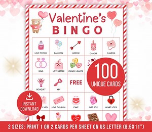 100 Valentines Bingo Game Cards, Valentine's Day Bingo Cards, Valentines Printable Game, Kids Valentine's Classroom Party Activity Games Pdf - Etsy Canada
