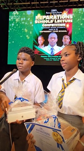Combermere School students Nathan Greaves and Omesha Springer captured first place in the National Library Service’s Reparations Schools Lecture Competition, held on Tuesday at the Frank Collymore Hall. Reflecting on their win, the pair said teamwork was key to their success. Greaves said. “At first we were weary, and then it came with confidence, with courage, and we dominated. And for those who are interested in doing it — do it when you’re afraid. Don’t wait for that fear to go away. Confiden