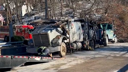 Car carrier crashes, spilling vehicles into yard