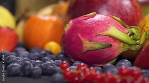 Different types of fruit spread out on a table on a black background