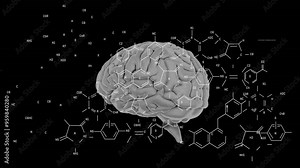 Brain model with chemical structures, scientific research animation
