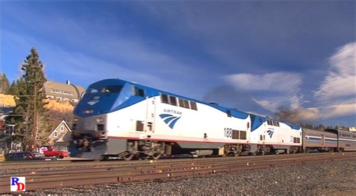 Amtrak trains 5 and 6 at Truckee, California, with a work train and a westbound freight in between. From the Pentrex show "Doublestacks Over Donner" https://rfd.video/DoubleDonner | Railfan Depot