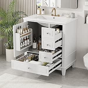 30" Bathroom Vanity with Sink, Bathroom Vanities 30 Inch with Sink, 30 Vanity with Top for Bathroom, Including Door Shelf and Three Drawers (White)