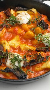 This gnocchi alla sorrentina features gnocchi baked baked in Campbell's® Culinary Reserve Vegetarian Tomato Bisque, topped with fresh mozzarella, basil tips, & porcini mushrooms for a delicious dish that's high quality while saving time and labor. #sponsored by Campbell's Foodservice ⁠ #chefsroll #rollwithus #campbells #campbellssoup #crfeaturescampbells #campbellsfoodservice | Chef's Roll