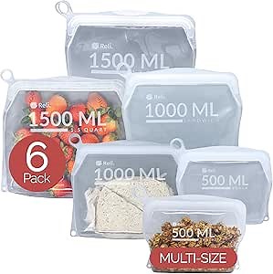 Reli. Reusable Silicone Bags (6 Pack, Multi-Size) | Snack, Sandwich, Gallon (2 Each) - Clear | Silicone Bags for Food Storage | Reusable Food Storage for Meal Prep | Dishwasher/Freezer Safe