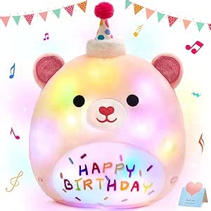 BSTAOFY Light up Music Happy Birthday Teddy Bear Soft Plush Pillow Birthday Stuffed Animal Bear Birthday Gift for Toddler Kids Girls, 14''
