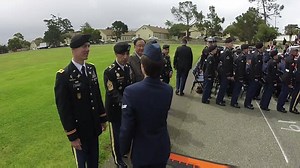 Members of DLIFLC's leadership congratulate service members as they receive their diplomas on graduation day on Soldier Field at the Presidio of Monterey. More than 140 students graduated Thursday from one of the military's most challenging training programs. Courses last from 24 to 63 weeks, depending on the difficulty of the language. Students spend six to seven hours per day in class, five days a week with two to three hours of homework every night. Congratulations on a job well done! [L->R: 
