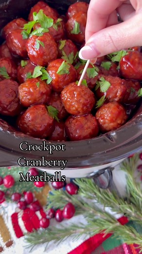 Cranberry Crockpot Meatballs!♥️😋 The easiest festive dish to make at home on a cozy night, or serve/take to a holiday party! Ingredients: 1 bag frozen homestyle meatballs 1 can cranberry sauce 1/2 cup brown sugar 1 cup ketchup Toss evening in a crockpot, I put mine on high for 2 hours! Everything melts perfectly together and makes the yummiest sauce!!! #holidayparty #easyrecipes #crockpot