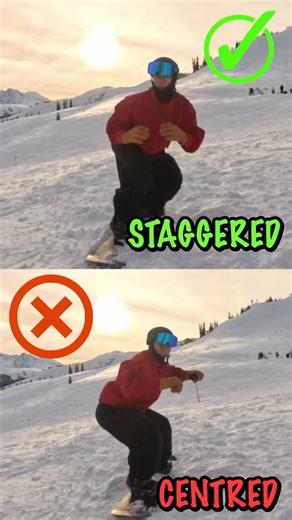 Taevis Kapalka on Instagram: "If you want to get low staggered is the way to go. when you pull your hip back and let your upper body come forward, it opens up for ability to rotate the hits. So as you squat down, you continue to open your hips hinge with an upper body, allowing you to get a lot lower will keep your weight centred over your snowboard. Where if you remain centred, you’re going to have less movements to play with and because of this as you get lower and lower your centre of balance