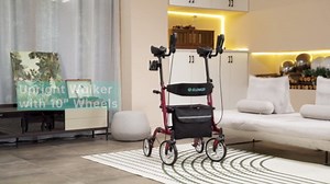 ELENKER Upright Walker, Stand Up Folding Rollator Walker Back Erect Rolling Mobility Walking Aid with Seat, Padded Armrests for Seniors and Adults, Blue