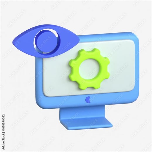 A 3D icon of a computer monitor with a gear setting and an eye overlay representing active device surveillance and configuration monitoring