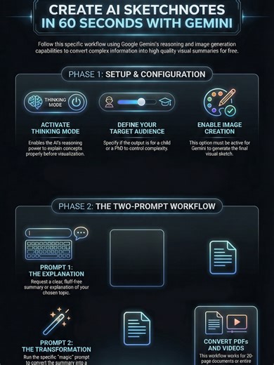 How to Create Sketchnotes with Google Gemini in 60 Seconds! 🎨 Google Gemini just made creating visual notes ridiculously easy! In this video, I’ll show you how to generate professional sketchnotes in under a minute—completely for free. Stop spending hours drawing by hand. Whether you need to explain a complex topic to a 5-year-old or summarize a PhD-level concept, this AI workflow handles it instantly. In this tutorial, you will learn: How to activate Thinking Mode to give the AI proper reasoni
