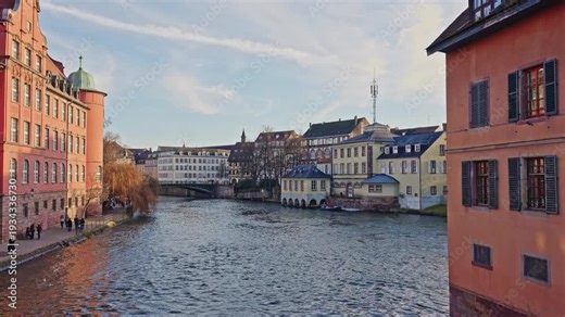 Strasbourg Old Town River View with Historic Buildings, Petite France.Filmed on 18 December 2025.