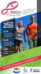SPONSORED | ENTER THE MIMOSA FAMILY RUN NOW! 👟 Lace up your running shoes and join Mimosa Mall for the Mimosa Family Run in association with Bloemfontein Striders and the Louzanne Coetzee Foundation, on Saturday 2 March. 🤸 Choose your distance - 21km, 10km, or the lively 5km Fun Run, and be part of the vibrant running scene in Central South Africa. 🖱 Follow this link to register: https://www.mimosamall.co.za/family-run-2024/ | Bloemnuus