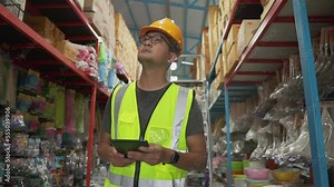 Warehouse full of shelves with goods Male clerk holding a stock checking tablet while scanning parcels logistics distribution center.