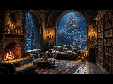 Cozy Winter Library Ambience ❄️ Fireplace, Snowfall & Castle View | Relaxing Night Atmosphere