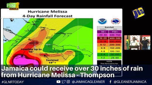 #glnrtoday▪ Hurricane Melissa could dump more than 30 inches of rain on the island, roughly the height of an average car door, Principal Director of the Meteorological Service of Jamaica, Evan Thompson said, warning persons in flood-prone areas to leave. Read more: https://jamaica-gleaner.com/article/news/20251026/jamaica-could-receive-over-30-inches-rain-hurricane-melissa-thompson #GLNRToday | Jamaica Gleaner