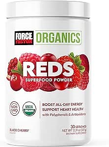 FORCE FACTOR Organics Reds Superfood Powder to Boost All-Day Energy & Increase Stamina, Energy Supplement with Beet Root Powder, Chaga, Cordyceps, & Reishi, Vegan & Non-GMO, Black Cherry, 30 Servings