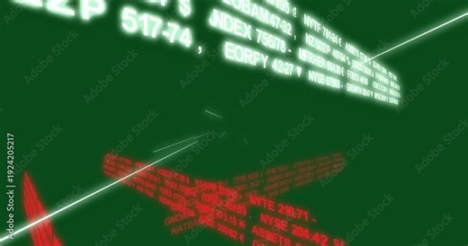 Streaks arising, sparking 3D glowing ticker bands converging, revealing market data transparent bg