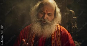 Slow-Motion Close-Up of Old Indian Monk Chanting in an Ancient Temple. The Senior Guru Sings Religious Songs, Humbly Chating Sacred Mantras, Showing Devotion and Love in Moment of Emotional Worship