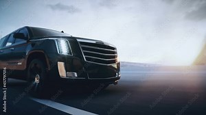 3d model luxury black car on highway. Very fast driving. Realistic 4k animation.