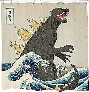 Sharp Shirter Godzilla Shower Curtain Set | Shower Curtain Japanese Wave | Cool Shower Curtains for Bathroom | Crazy Shower Curtain | Hooks Included