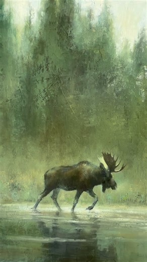 Walking on Water 🫎✨ Moose are pure contradiction! They’re awkward, massive and powerful, yet surprisingly graceful. This painting came from a scene I never forgot. Now it’s the invitation piece for my upcoming Wildlife Exhibition at @kneelandgallery in February. #wildlifeart #wildlifepainting #tonalism #moose #lorimcnee | Lori McNee
