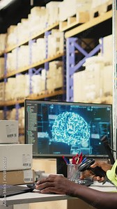 Vertical Video African american employee scanning barcodes for AI generated tracking software, using scanner to register shipment details with help from artificial intelligence neural networks systems