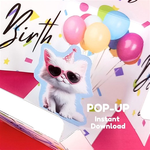 Happy Birthday Kitty Cat Pop-up Box Card, Surprise Gift, Party Animal, DIY Printable Template (PDF Download) - Etsy UK