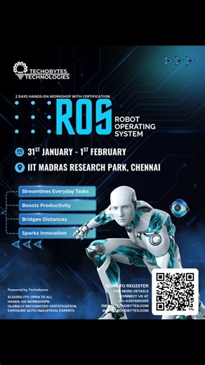Techobytes on Instagram: "Take Your Innovation to the Next Level | 2-Day Hands-On Workshop on IoT & Robotics with ROS Venue: IIT Madras Research Park, Chennai Date: 31 January & 1 February 2026 (Saturday–Sunday) What You’ll Learn Fundamentals of IoT & Robotics Systems Sensors, Actuators & Microcontrollers Introduction to Robot Operating System (ROS) Hands-on Robot Programming & Control IoT-based Automation & Smart Systems Real-world Applications in Smart Cities, Healthcare & Industry Career Guid
