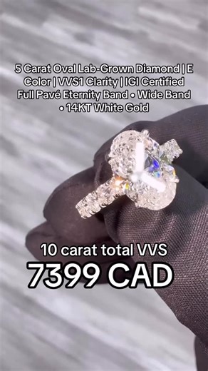 Whitestone Jewelry | Lab Grown Diamonds | Natural Diamonds on Instagram: "5 Carat E VVS1 Oval Lab-Grown Diamond | IGI Certified | 14 KT White Gold Full Pavé Eternity Band • Wide Band • Side Diamonds VVS • Total 9 + Carats of Fire Every facet designed to catch light from every angle — no bow tie, just brilliance. 💰 $ 7 ,200 CAD (Whitestone Vault Pricing — No Middlemen) 💎 Why Whitestone Jewelry 🇨🇦 – Direct Manufacturer = Luxury Without Markup – IGI / GIA Certified Lab & Natural Diamonds – Cust