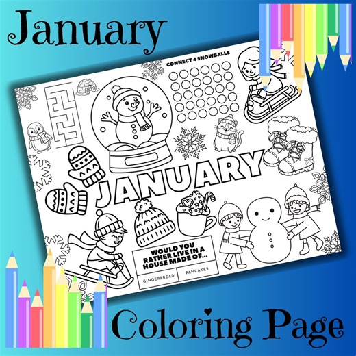 January Coloring Page for Kids, Wintertime Theme, Winter, Placemat Printable Activity, Months of the Year - Etsy