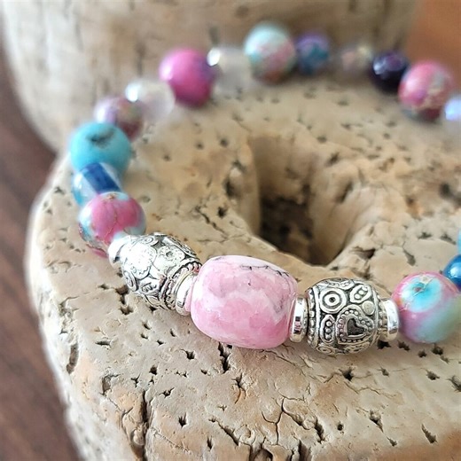 Beaded Mermaid Treasure Stackable Stretch / Pink Rhodochrosite Silver Spring Colors / Custom Size Stretchy Bracelet - Etsy