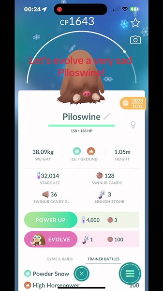 Evolving a sad Piloswine into a happy Mamoswine!! And great Ivs!! #fyp #pokemongo #evolve #uk