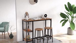 Noelse 3 Piece Bar Table Set for 2, Bar Table with Stools and 2 Storage Shelves, with Glass Rack, Small Kitchen Table for Dining Room, Living Room, Rustic Brown