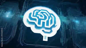 Abstract AI concept: microchip with brain logo processing data. Digital lines move from the logo, visualizing cloud computing. connection, cyber, data, electronics, future, futuristic, graphics Stock Video