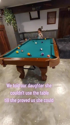 We created a monster when we told her she couldn't youch the table until she proved us she could play@✨️NinaMarie✨️ @poison ivy @Sara Mayes #billards #poolshark #homedecor #sharpshooter #family
