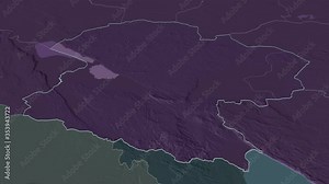 Mbeya, region with its capital, zoomed and extruded on the administrative map of Tanzania in the conformal Stereographic projection. Animation 3D