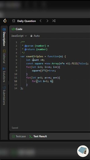 Leetcode 1925: Count square sum triples. #leetcode #problemoftheday #dsa #shortvideo #shortsfeed #js