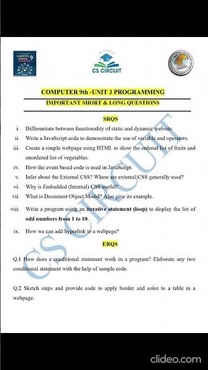 Class 9 Computer Science | Unit 3 Programming | Most Important Short & Long Questions | FBISE 2026