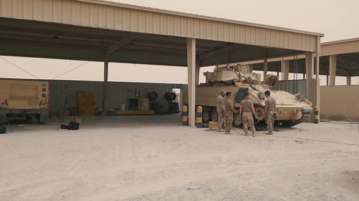 U.S. Army Sgt. Nelson Sanchez, a 91M Bradley Fighting Vehicle system maintainer with Bravo Company, 1-120th Infantry Regiment, 30th Armored Brigade Combat Team, and his field maintenance team, break the tracks on one of their unit's Bradley Fighting Vehicles to prepare it for repair May 6, 2020 in the U.S. Central Command region. Nelson discusses the importance of his job in the Army, why he serves in the Army National Guard, and the family dynamic of his team in this 1:45 video story. (U.S. Arm