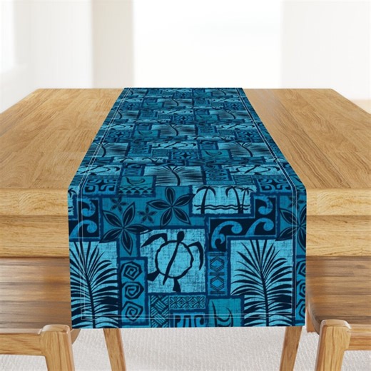 Tiki Hawaii Table Runner - Blue Tropical Hawaii Hawaiian Tiki Tapa Polynesian Cotton Sateen Table Runner - Moku Malihini by Madtropic - Etsy