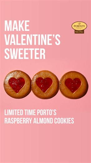 Add a little sweetness to your Valentine’s celebrations with Porto’s Raspberry Almond Cookies! Heart-shaped, buttery, and filled with tangy raspberry jam—these are a limited-time treat you don’t want to miss. | Porto's Bakery