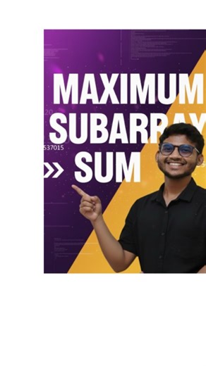 dsa_with_irfan on Instagram: "Maximum subarray sum Check all possible subarrays, calculate their sums, and keep track of the maximum sum found. 🪜 Steps 1️⃣ Initialize maxSum = -∞ 2️⃣ Use two loops to generate all subarrays 3️⃣ Calculate sum of each subarray 4️⃣ Update maxSum if current sum is greater ⏱️ Time & Space Complexity Time Complexity: O(n^3) FUNCTION maximumSubarraySum(arr, n): maxSum ← -∞ FOR i ← 0 TO n-1: currentSum ← 0 FOR j ← i TO n-1: currentSum ← currentSum + arr[j] IF currentSum