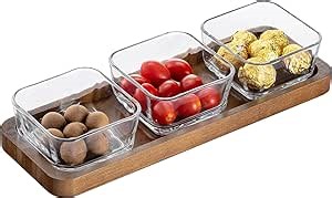 Small Glass Bowls with Wood Serving Tray,3 Glass Bowls for Condiments,Snacks, Side Dishes, Fruit Salads,Candy and Nuts Divided Party Serving Trays