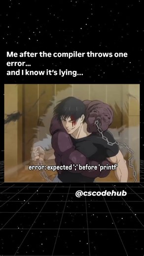 @cscodehub on Instagram: "“I didn’t choose violence. The compiler did.” ☠️ Follow @cscodehub and share ❤️ --- 🚀 Hashtags #computerscience #programmingmemes #codinglife #developerhumor #bugslife #codermemes #softwareengineering #csstudent #debugging #techhumor #programmerlife #codingreels #developerlife #itmemes #codeproblems #mumbai --- 🔑 Keywords computer science meme, coding struggle, programmer problems, debugging pain, compiler error, developer reel, cs relatable, coding humour, software d