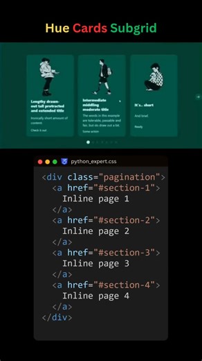 Python Expert🧑‍💻🎉 on Instagram: "Hue Cards Subgrid – advanced CSS Grid + Subgrid in action 🎴 Each card stays perfectly aligned while the inner content follows the parent grid, creating a clean, responsive layout with smooth pagination links. Follow @python_expert for more modern layout tricks, CSS Grid/Subgrid tutorials, and frontend UI experiments. Keywords CSS subgrid cards, hue cards layout, card grid with subgrid, advanced CSS Grid, responsive card design, pagination UI, frontend layout 