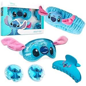 Disney Stitch Beauty Accessories Set with Cooling Eye Mask Gel Eye Pads Fluffy Skincare Headband Hair Claw Clip Relaxing Pampering Gifts for Women, Wife, Girlfriend (Blue)