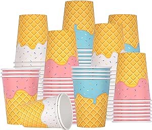 Gatherfun Ice Cream Party Supplies Set for Kids & Girls Birthday Paper Cups,48-Pack 9-oz Baby Shower & Ice Cream Birthday Party Decorations（mix 3 designs）